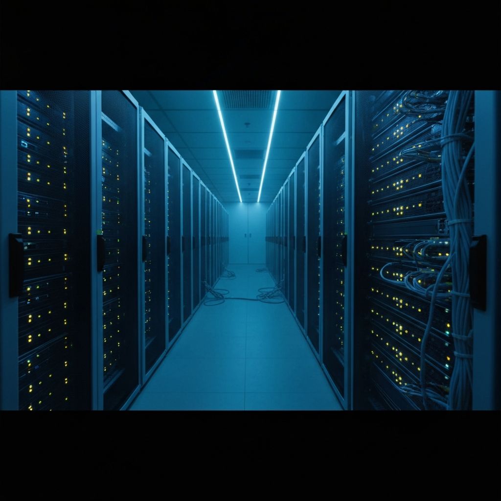 Modern server room with blue LED lighting