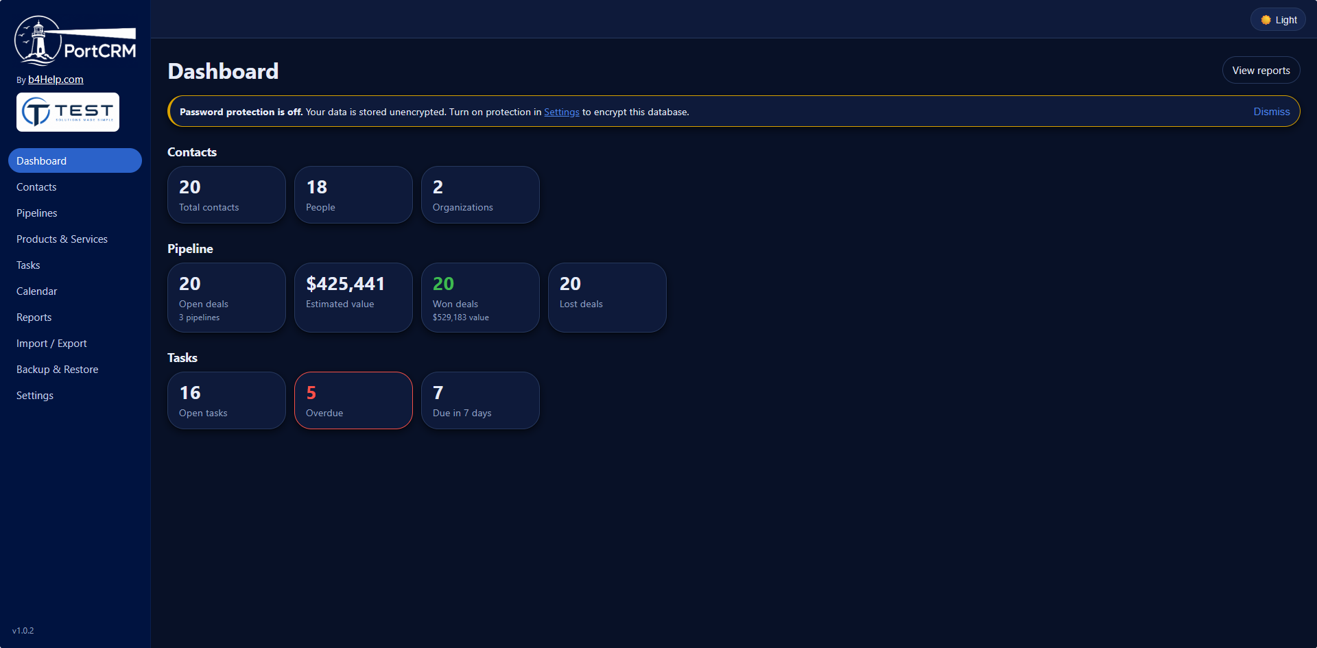 PortCRM dashboard